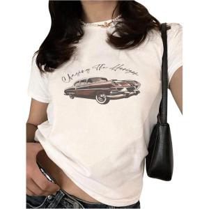 imageWomens Car Print Graphic Tees Short Sleeve Crew Neck Summer Tops Vintage Tshirts Shirts TrendyWhite