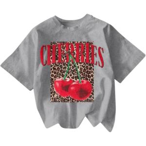 imageWomens Cherry Bow Graphic Tees Short Sleeve Crew Neck Summer T Shirt Tops for Women TrendyGrey