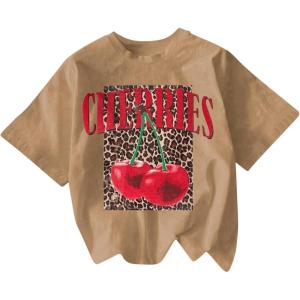 imageWomens Cherry Bow Graphic Tees Short Sleeve Crew Neck Summer T Shirt Tops for Women TrendyKhaki