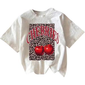 imageWomens Cherry Bow Graphic Tees Short Sleeve Crew Neck Summer T Shirt Tops for Women TrendyLeopard White