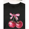 imageWomens Casual Cherry Bow Tees Graphic Letter Print Round Neck T Shirt Summer Short Sleeve Trendy TopsBlack