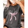 imageWomens Casual Cherry Bow Tees Graphic Letter Print Round Neck T Shirt Summer Short Sleeve Trendy TopsGrey Bow