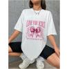 imageWomens Casual Cherry Bow Tees Graphic Letter Print Round Neck T Shirt Summer Short Sleeve Trendy TopsWhite With Pink