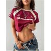 imageWomens Graphic Bow Short Sleeve Crewneck Crop Tops Slim Fit Y2K Cute T ShirtsBurgundy