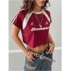 imageWomens Graphic Bow Short Sleeve Crewneck Crop Tops Slim Fit Y2K Cute T ShirtsBurgundy