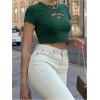 imageWomens Graphic Bow Short Sleeve Crewneck Crop Tops Slim Fit Y2K Cute T ShirtsDark Green