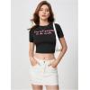 imageWomens Graphic Bow Short Sleeve Crewneck Crop Tops Slim Fit Y2K Cute T ShirtsLetter Black