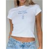 imageWomens Graphic Bow Short Sleeve Crewneck Crop Tops Slim Fit Y2K Cute T ShirtsWhite Blue Letter