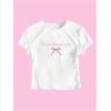 imageWomens Graphic Bow Short Sleeve Crewneck Crop Tops Slim Fit Y2K Cute T ShirtsWhite and Pink