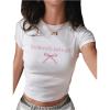 imageWomens Graphic Bow Short Sleeve Crewneck Crop Tops Slim Fit Y2K Cute T ShirtsWhite and Pink