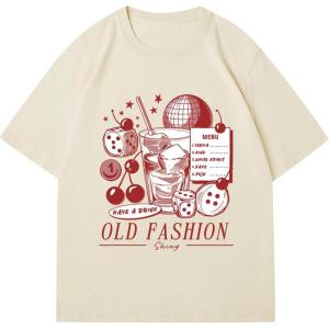 imageWomens Casual Cherry Bow Tees Graphic Letter Print Round Neck T Shirt Summer Short Sleeve Trendy TopsBeige Red