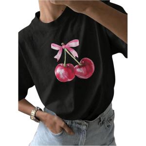 imageWomens Casual Cherry Bow Tees Graphic Letter Print Round Neck T Shirt Summer Short Sleeve Trendy TopsBlack
