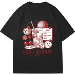 imageWomens Casual Cherry Bow Tees Graphic Letter Print Round Neck T Shirt Summer Short Sleeve Trendy TopsBlack With Graphic