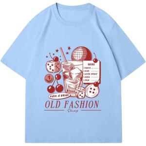 imageWomens Casual Cherry Bow Tees Graphic Letter Print Round Neck T Shirt Summer Short Sleeve Trendy TopsBlue Red