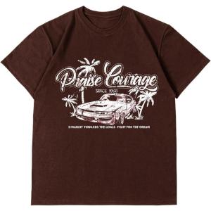 imageWomens Casual Cherry Bow Tees Graphic Letter Print Round Neck T Shirt Summer Short Sleeve Trendy TopsCar Brown