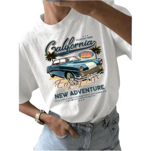 imageWomens Casual Cherry Bow Tees Graphic Letter Print Round Neck T Shirt Summer Short Sleeve Trendy TopsCar White