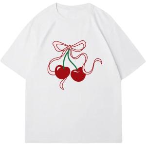 imageWomens Casual Cherry Bow Tees Graphic Letter Print Round Neck T Shirt Summer Short Sleeve Trendy TopsCherry White