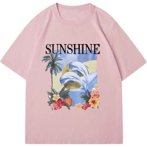 imageWomens Casual Cherry Bow Tees Graphic Letter Print Round Neck T Shirt Summer Short Sleeve Trendy TopsDolphin Pink