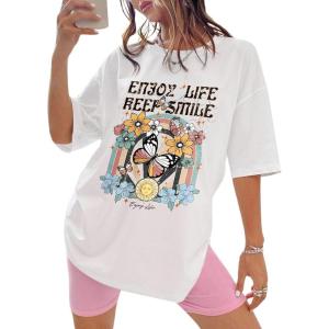 imageWomens Casual Cherry Bow Tees Graphic Letter Print Round Neck T Shirt Summer Short Sleeve Trendy TopsFloral White