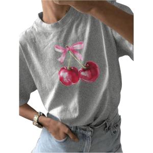 imageWomens Casual Cherry Bow Tees Graphic Letter Print Round Neck T Shirt Summer Short Sleeve Trendy TopsGrey