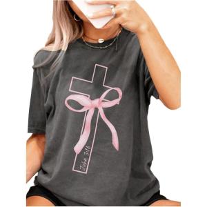 imageWomens Casual Cherry Bow Tees Graphic Letter Print Round Neck T Shirt Summer Short Sleeve Trendy TopsGrey Bow