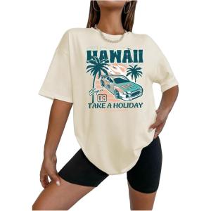 imageWomens Casual Cherry Bow Tees Graphic Letter Print Round Neck T Shirt Summer Short Sleeve Trendy TopsHawaii Apricot