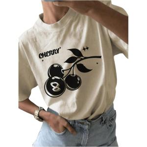 imageWomens Casual Cherry Bow Tees Graphic Letter Print Round Neck T Shirt Summer Short Sleeve Trendy TopsLight Beige