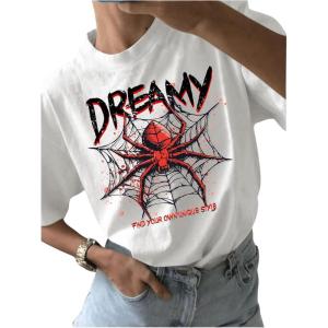 imageWomens Casual Cherry Bow Tees Graphic Letter Print Round Neck T Shirt Summer Short Sleeve Trendy TopsPatterned White
