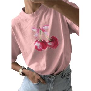 imageWomens Casual Cherry Bow Tees Graphic Letter Print Round Neck T Shirt Summer Short Sleeve Trendy TopsPink