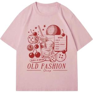 imageWomens Casual Cherry Bow Tees Graphic Letter Print Round Neck T Shirt Summer Short Sleeve Trendy TopsPink With Graphic