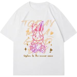 imageWomens Casual Cherry Bow Tees Graphic Letter Print Round Neck T Shirt Summer Short Sleeve Trendy TopsRabbit White