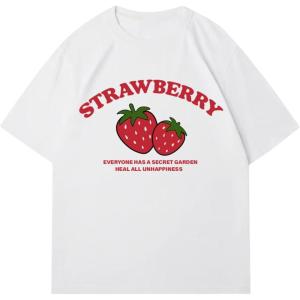 imageWomens Casual Cherry Bow Tees Graphic Letter Print Round Neck T Shirt Summer Short Sleeve Trendy TopsStrawberry Red White
