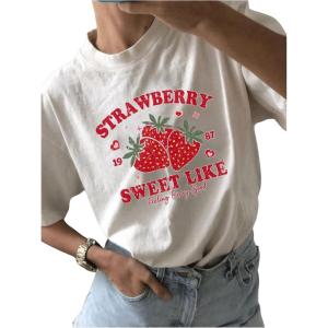 imageWomens Casual Cherry Bow Tees Graphic Letter Print Round Neck T Shirt Summer Short Sleeve Trendy TopsStrawberry White