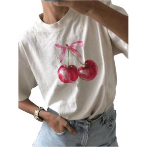 imageWomens Casual Cherry Bow Tees Graphic Letter Print Round Neck T Shirt Summer Short Sleeve Trendy TopsWhite