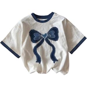 imageWomens Casual Cherry Bow Tees Graphic Letter Print Round Neck T Shirt Summer Short Sleeve Trendy TopsWhite Bow Blue