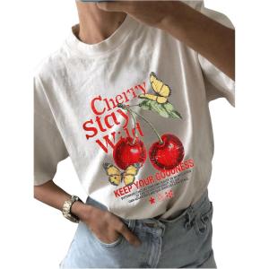 imageWomens Casual Cherry Bow Tees Graphic Letter Print Round Neck T Shirt Summer Short Sleeve Trendy TopsWhite Patterned