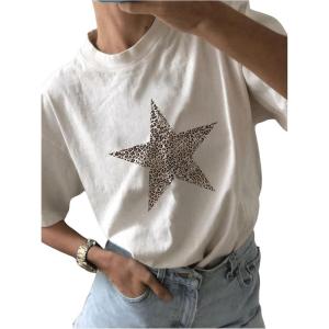 imageWomens Casual Cherry Bow Tees Graphic Letter Print Round Neck T Shirt Summer Short Sleeve Trendy TopsWhite Star