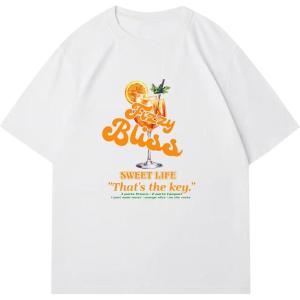 imageWomens Casual Cherry Bow Tees Graphic Letter Print Round Neck T Shirt Summer Short Sleeve Trendy TopsWhite With Orange