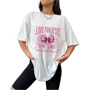 imageWomens Casual Cherry Bow Tees Graphic Letter Print Round Neck T Shirt Summer Short Sleeve Trendy TopsWhite With Pink