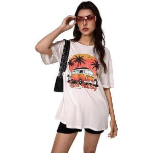imageWomens Casual Cherry Bow Tees Graphic Letter Print Round Neck T Shirt Summer Short Sleeve Trendy TopsWhite and Orange