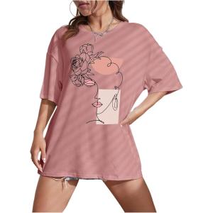 imageWomens Floral Figure Graphic Tees Crewneck Short Sleeve Summer T Shirt Baggy TopsPurple