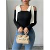 imageWomens Bow Knot Shoulder Colorblock T Shirt Long Sleeve Slim Fit Elegant Tee TopsBlack