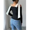 imageWomens Bow Knot Shoulder Colorblock T Shirt Long Sleeve Slim Fit Elegant Tee TopsBlack