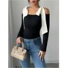 imageWomens Bow Knot Shoulder Colorblock T Shirt Long Sleeve Slim Fit Elegant Tee TopsBlack