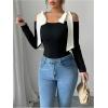imageWomens Bow Knot Shoulder Colorblock T Shirt Long Sleeve Slim Fit Elegant Tee TopsBlack