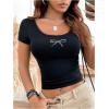imageWomens Bowknot Rhinestone Glitter Crop Tops Scoop Neck Short Sleeve Y2K Graphic Tee ShirtBlack
