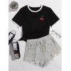 imageWomens Cherry Embroidery Print Shirt Contrast Color Neck Tee Short Sleeve Graphic Casual T Shirt Summer Tee TopsBlack White