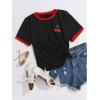 imageWomens Cherry Embroidery Print Shirt Contrast Color Neck Tee Short Sleeve Graphic Casual T Shirt Summer Tee TopsBlack and Red