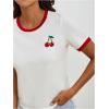 imageWomens Cherry Embroidery Print Shirt Contrast Color Neck Tee Short Sleeve Graphic Casual T Shirt Summer Tee TopsWhite