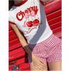 imageWomens Cherry Embroidery Print Shirt Contrast Color Neck Tee Short Sleeve Graphic Casual T Shirt Summer Tee TopsWhite Red